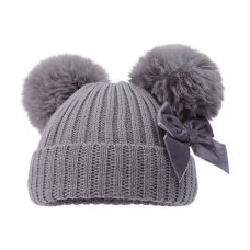 H678-G: Grey Hat w/Pom Poms & Velvet Bow (0-12M)